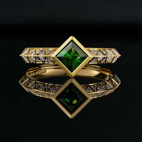 Empress Unique Engagement Rings avaiable in Tourmaline in 18ct yellow gold with diamond detail - dare to be different